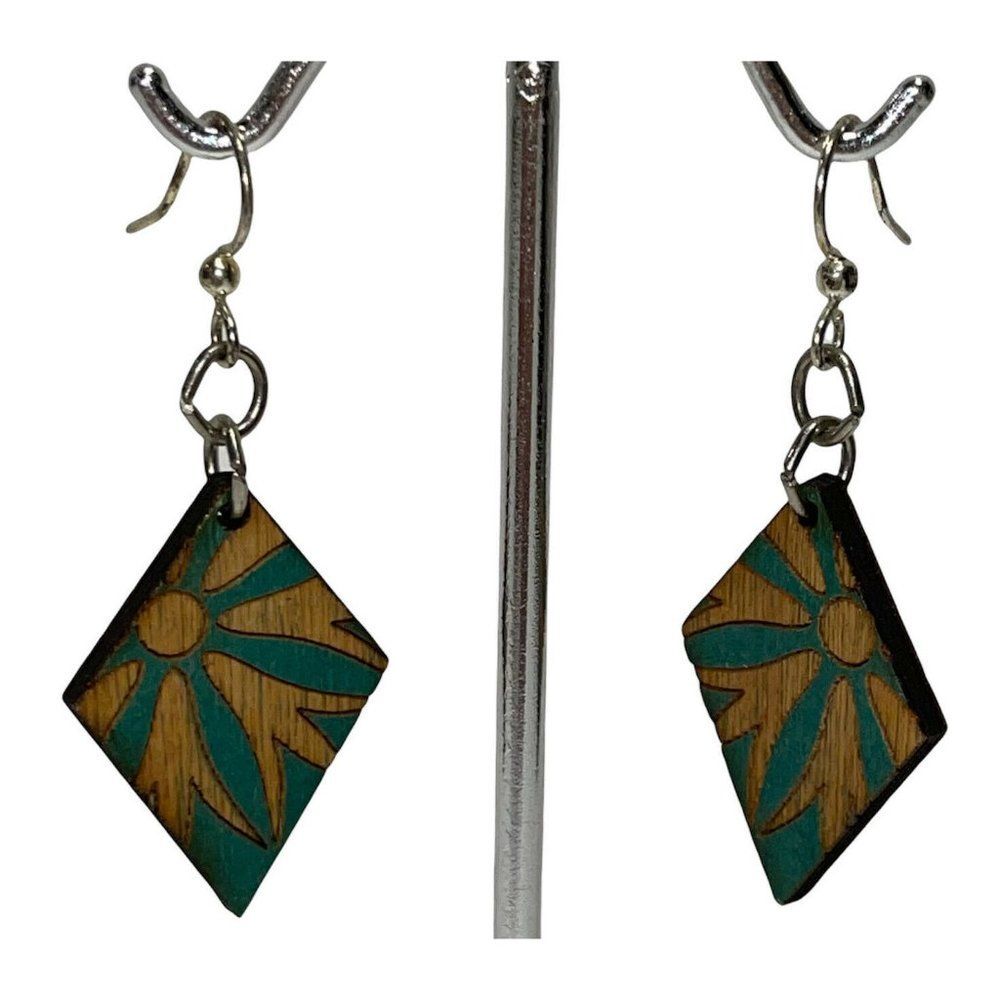 Bohemian Boho Wood Flower Sun dangle hook earrings Turquoise Beach Tropical